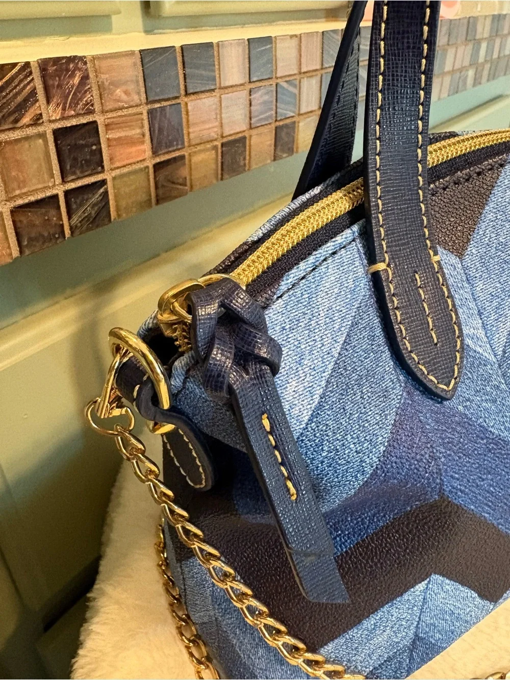 Dooney & Bourke Blue Chevron Satchel with Gold Chain Strap